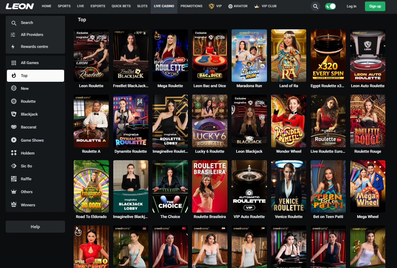 Live casino lobby listing roulette, blackjack and baccarat tables hosted by dealers on camera