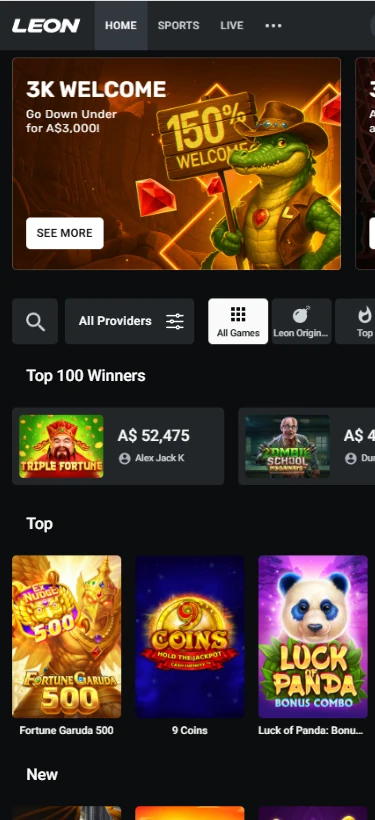 LEON lobby reflowed to a phone screen, with the winners strip and pokie tiles stacked
