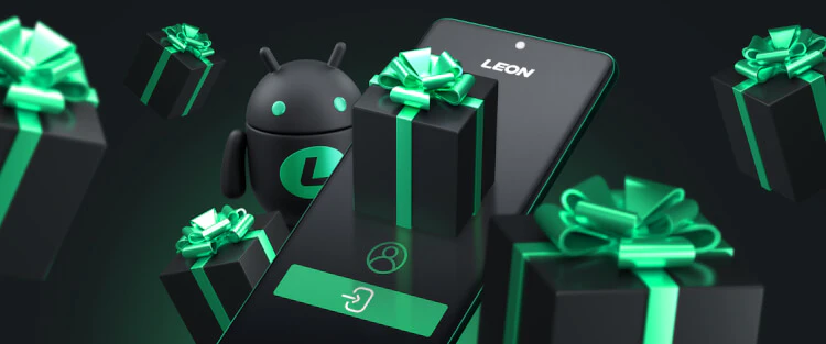 LEON Android app artwork with a phone showing the signed-in account panel