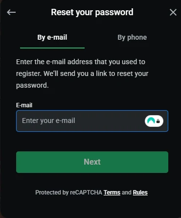 Password reset dialog asking for the registered e-mail address