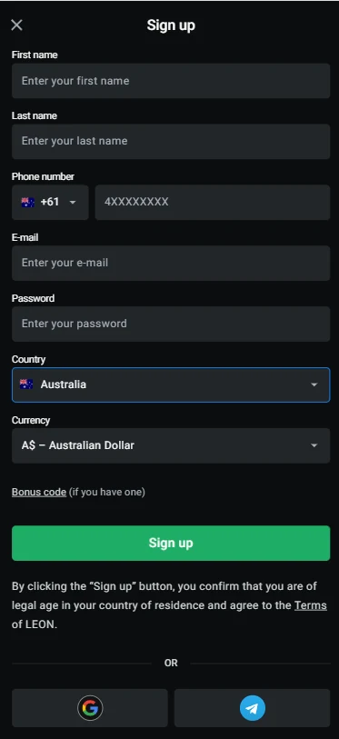 LEON registration form with the email, password, country and A$ currency fields