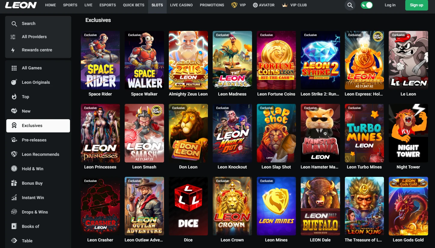 Grid of LEON exclusive pokies with the category filter column on the left