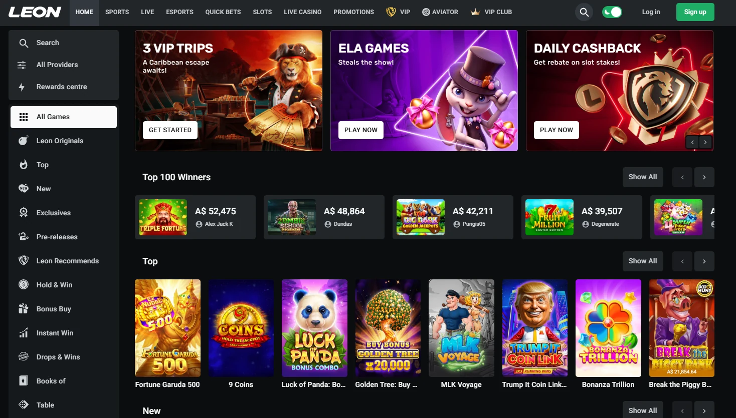 LEON pokies lobby showing the Top row of game tiles beside the studio and category list
