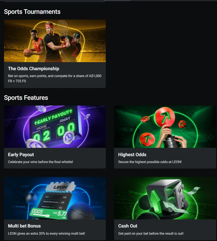 Betting feature tiles for early payout and highest odds inside the LEON sports section