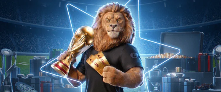 LEON lion mascot holding a trophy in a stadium